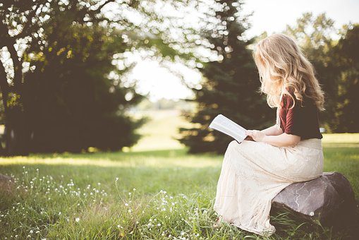 Girl, Book, Sitting, Alone, Rock