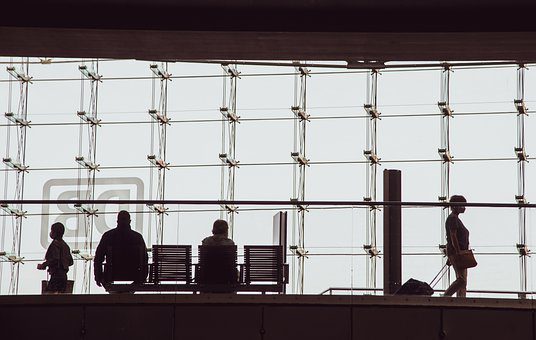 Silhouettes, People, Bank, Suitcase