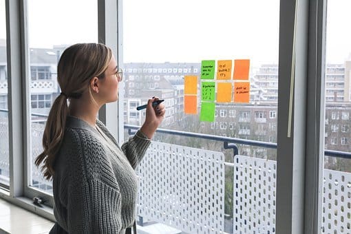 Woman, Office, Post Its, Notes, Window